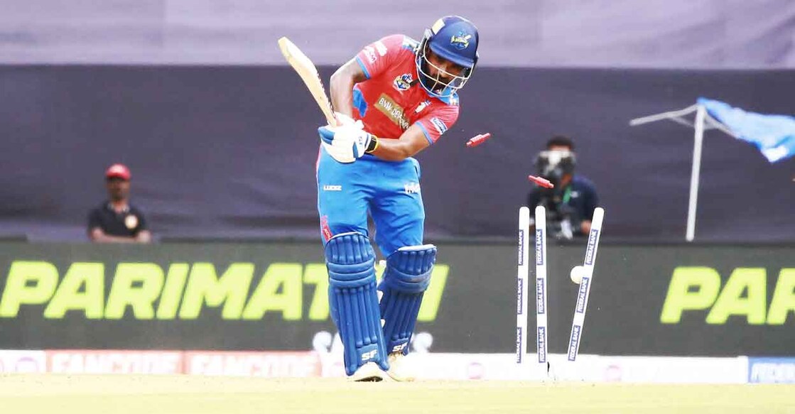 Kollam Sailors' captain Sachin Baby loses his wicket to Akhil Scaria (not in pic) of Calicut Globstars. Photo: Special arrangement