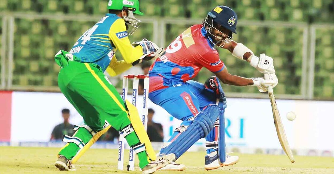 Kollam Sailors' opener Abhishek Nair plays a shot against Thrissur Titans. Photo: Special arrangement