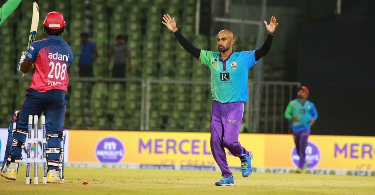 Anand Joseph Anand Joseph exults after dismissing Vinod Kumar to seal Ripples' win over Royals. Photo: Special Arrangement