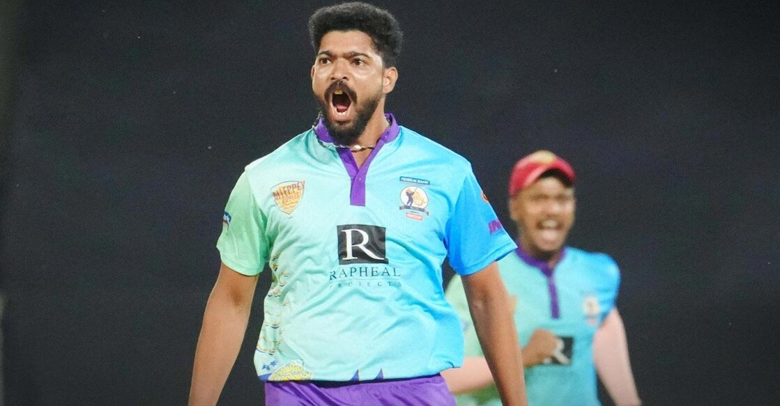 Fanoos is pumped up after a strike against Trivandram Royals. Photo: X@KCL_t20