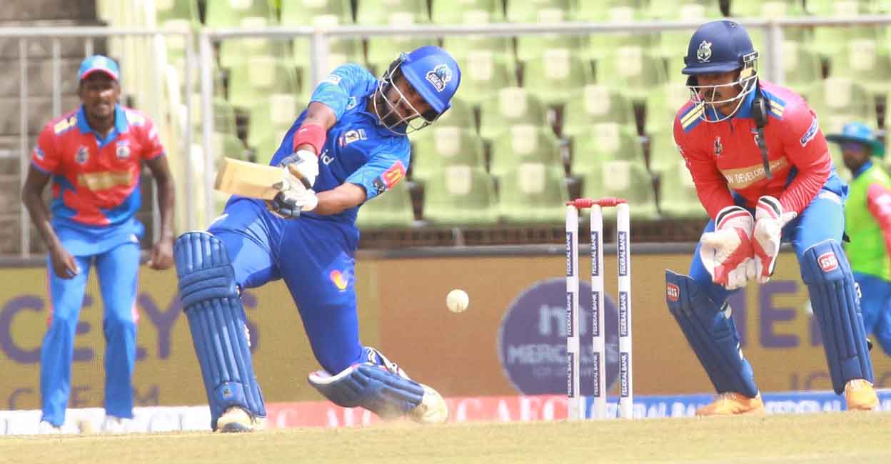 Kochi Blue Tigers' Anand Krishnan plays a shot against Kollam Sailors. Photo: Special arrangement
