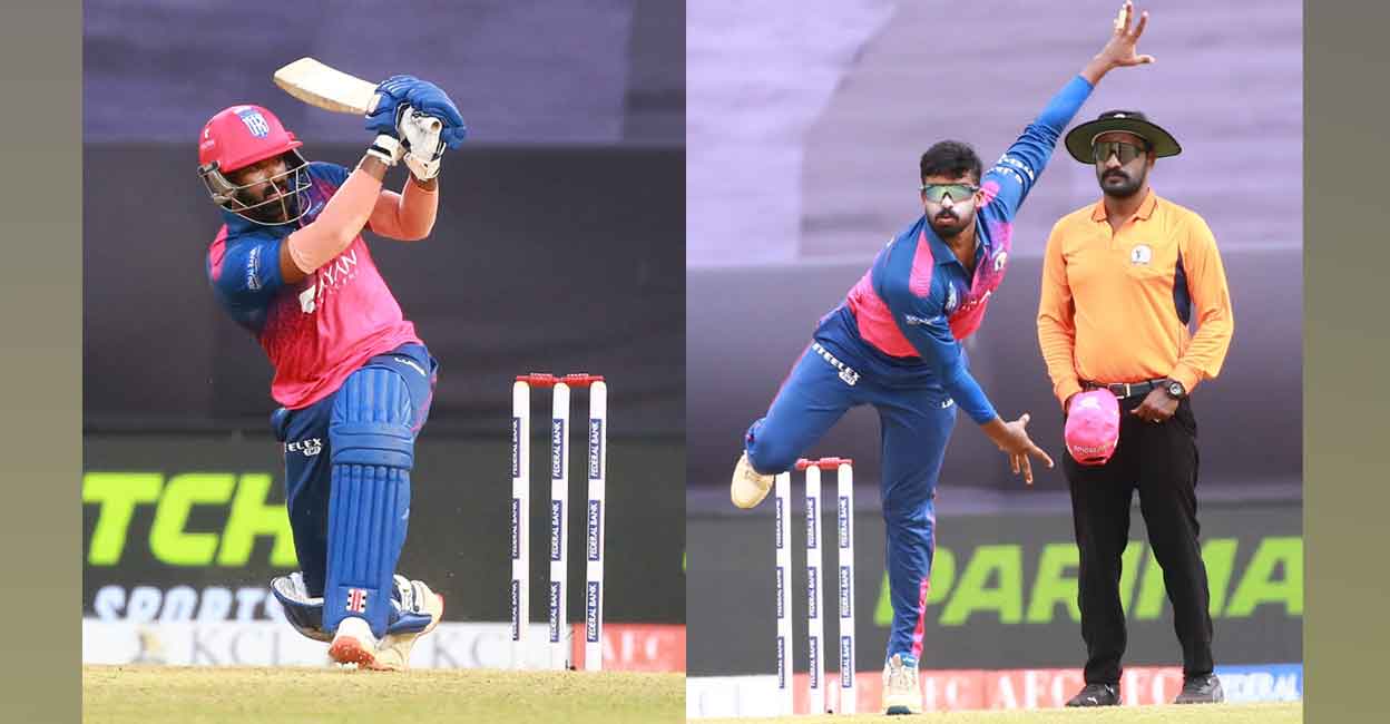 Trivandrum Royals' captain Abdul Basith batting (left) and bowling against Kochi Blue Tigers. Photos: Special arrangement