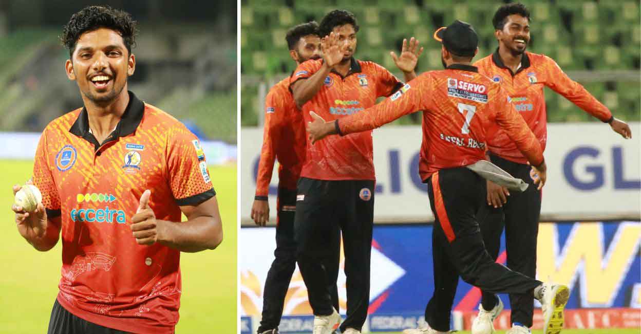 Akhil Dev poses with the ball after securing his hat-trick. He is congratulated by his teammates. Photos: Special arrangement