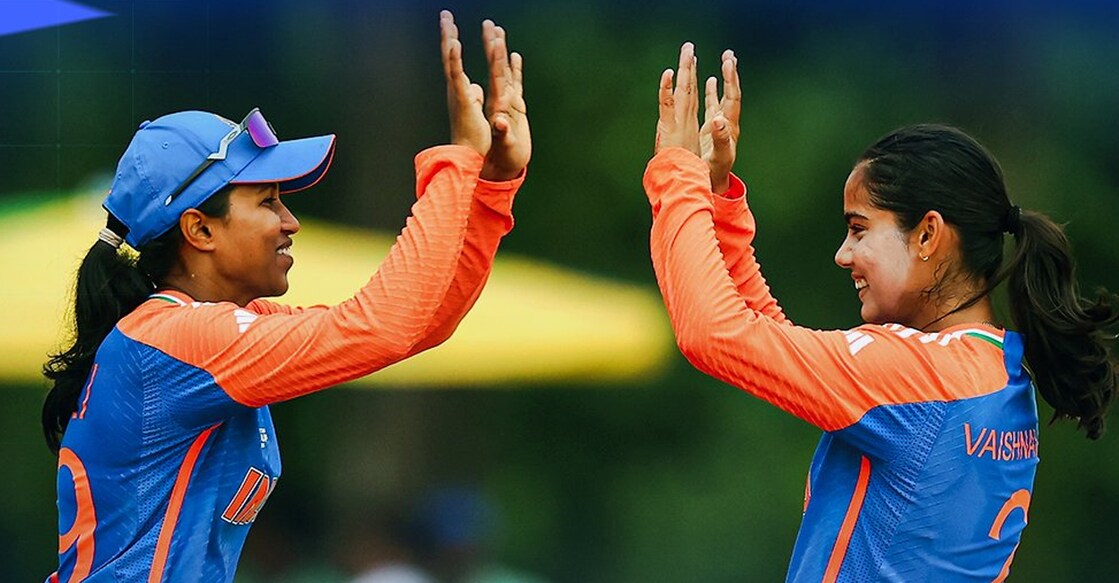 Vaishnavi Sharma (right) bagged a fifer on her debut for India. Photo: BCCIWomen