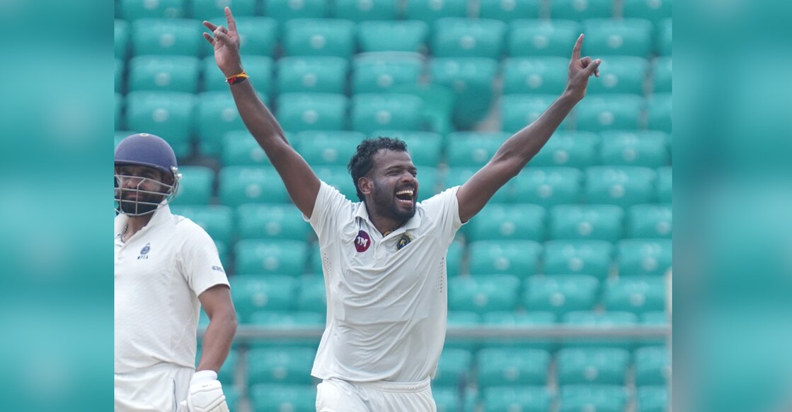Kerala's M D Nidheesh celebrates a wicket against Madhya Pradesh. Photo: Special arrangement