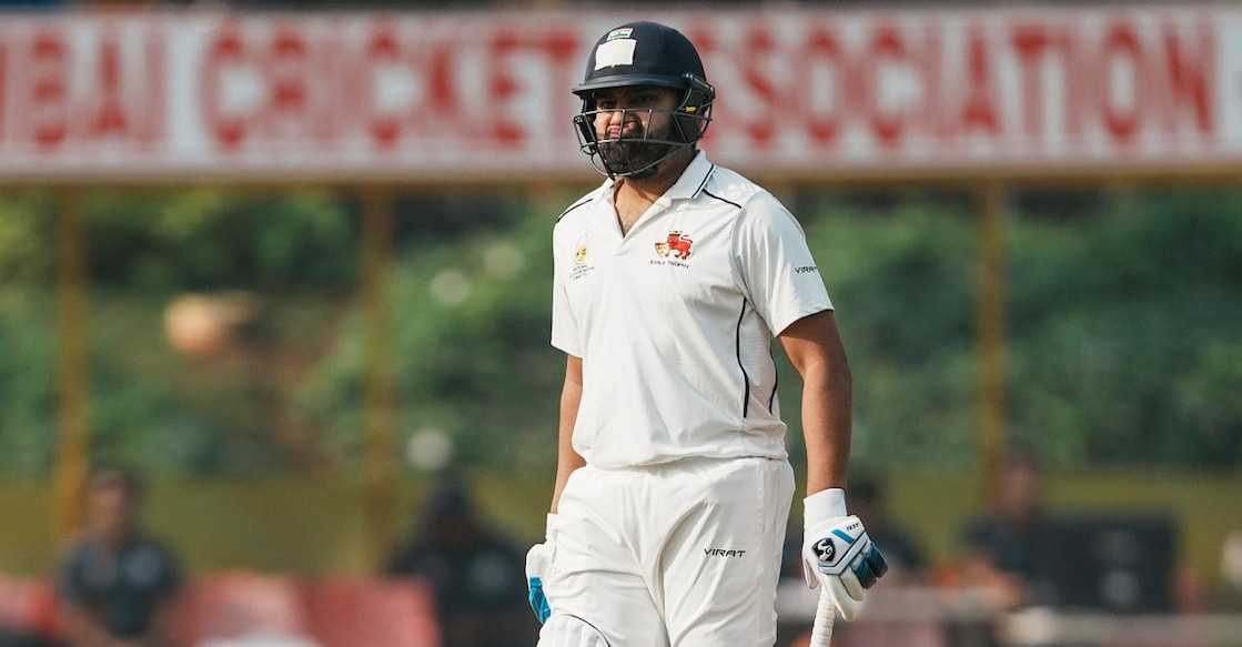 Mumbai's Rohit Sharma walks back after being dismissed on the first day of the Ranji Trophy match against Jammu and Kashmir in Mumbai on Thursday. Photo: PTI