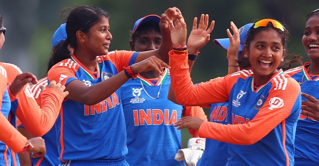 Joshitha V J (left) celebrates a wicket with her Indian teammates. Photo: X/@ICC