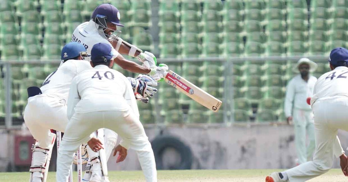 Mohammed Azharuddeen batting for Kerala against Madhya Pradesh on day four of the Ranji Trophy match in Thiruvananthapuram on Sunday. Photo: KCA