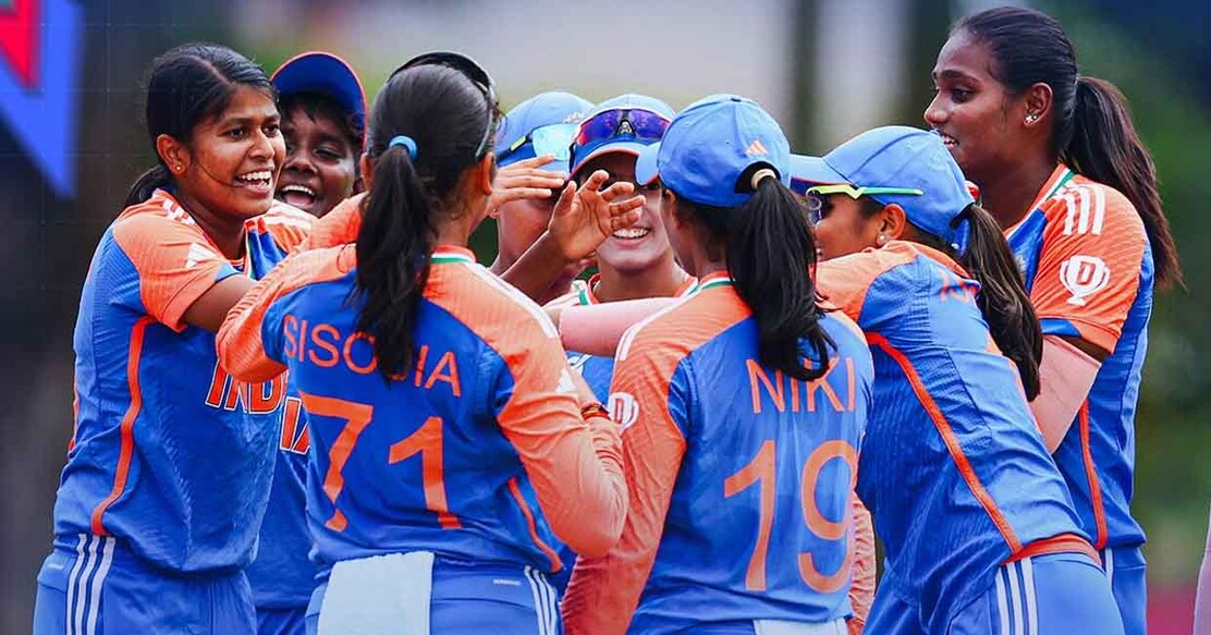 Indian women's team celebrates dismissing Bangladesh for 64 in the ICC U-19 T20 World Cup in Kuala Lumpur on Sunday. Photo: X/@BCCIWomen
