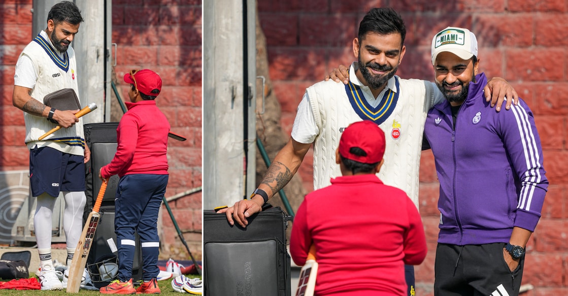 L-R: Virat Kohli with his former Delhi teammate Shawez's son Kabir during a training session ahead of the Ranji Trophy match between Delhi and Railways. Shawez Khan joins them. Photos: PTI