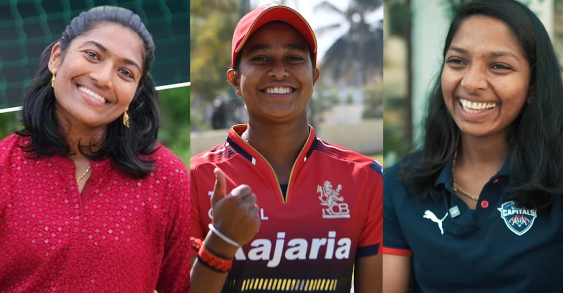 V J Joshitha flanked by Sajana Sajeevan (left) and Minnu Mani. 