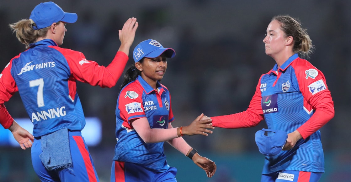 Minnu Mani (centre) of Delhi Capitals during the WPL 2025 match against Mumbai Indians in Vadodara. Photo: X/@wplt20