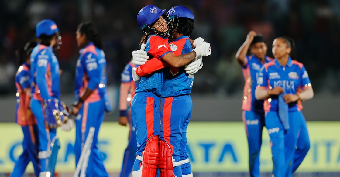 delhi-capitals-vs-mi Delhi Capitals batters celebrate the last-ball win over Mumbai Indians. Photo: X/@wplt20