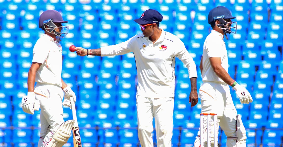 Mumbai's Suryakumar Yadav and Vidarbha batters on day one of the Ranji Trophy semifinals at VCA Stadium in Nagpur on February 17, 2025. Photo: PTI