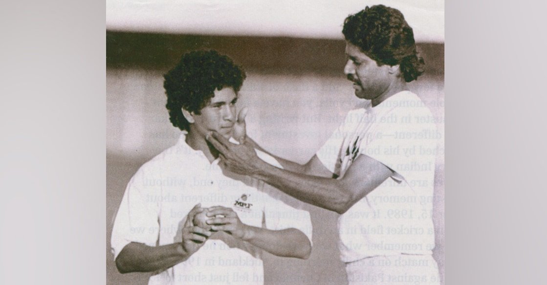 sachin-tendulkar-kapil-dev In this file photo from 1989, Sachin Tendulkar poses wth Kapil Dev. Photo: Credit to the rightful owner