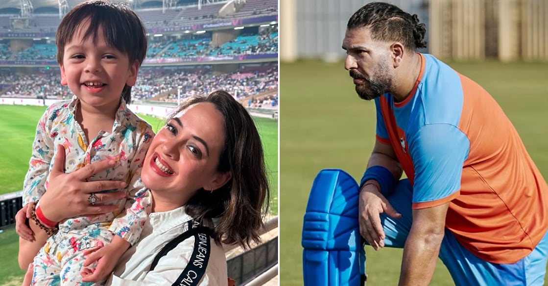 Yuvraj Singh’s (right) wife Hazel Keech and son at an IMLT20 match in Mumbai. Photo: IMLT20