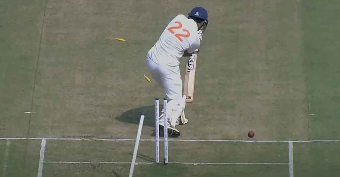J&K's Yawer Hassan is castled by MD Nidheesh on Day 1 of the Ranji Trophy match in Pune. Photo: Vidoegrab/BCCI