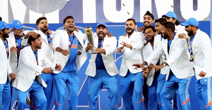 PTI03_09_2025_000629A Dubai: Indian cricket team celebrates their win against New Zealand in the ICC Champions Trophy 2025 final cricket match, in Dubai, UAE, Sunday, March 9, 2025. India won by 4 wickets to lift the ICC Champions Trophy 2025. (PTI Photo/ Arun Sharma) (PTI03_09_2025_000629A)