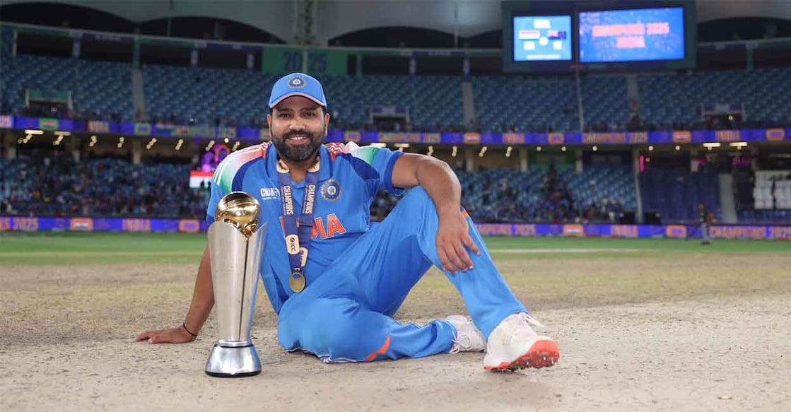 Indian captain Rohit Sharma celebrates with the trophy in Dubai. Photo: X/@ICC