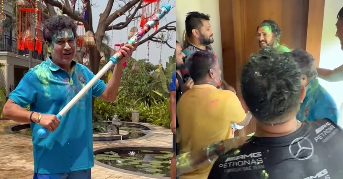 sachin-yuvraj-holi Sachin Tendulkar poses with a water gun before giving a colourful surprise to Yuvaj Singh. Photos: Screengrab/Sachin Tendulkar Instagram