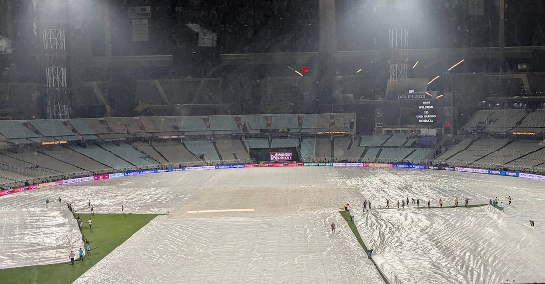 The Eden Gardens covered up on the eve of the IPL 2025 opener. Photo: X/@KKRUniverse