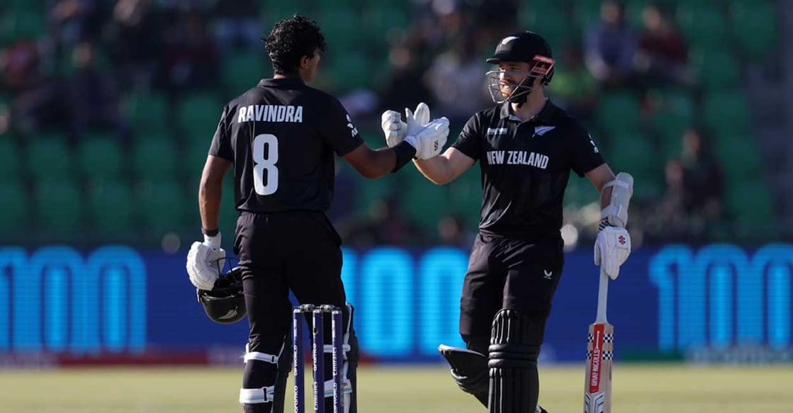 New Zealand's Kane Williamson and Rachin Ravindra during the match. Photo: X/@ICC