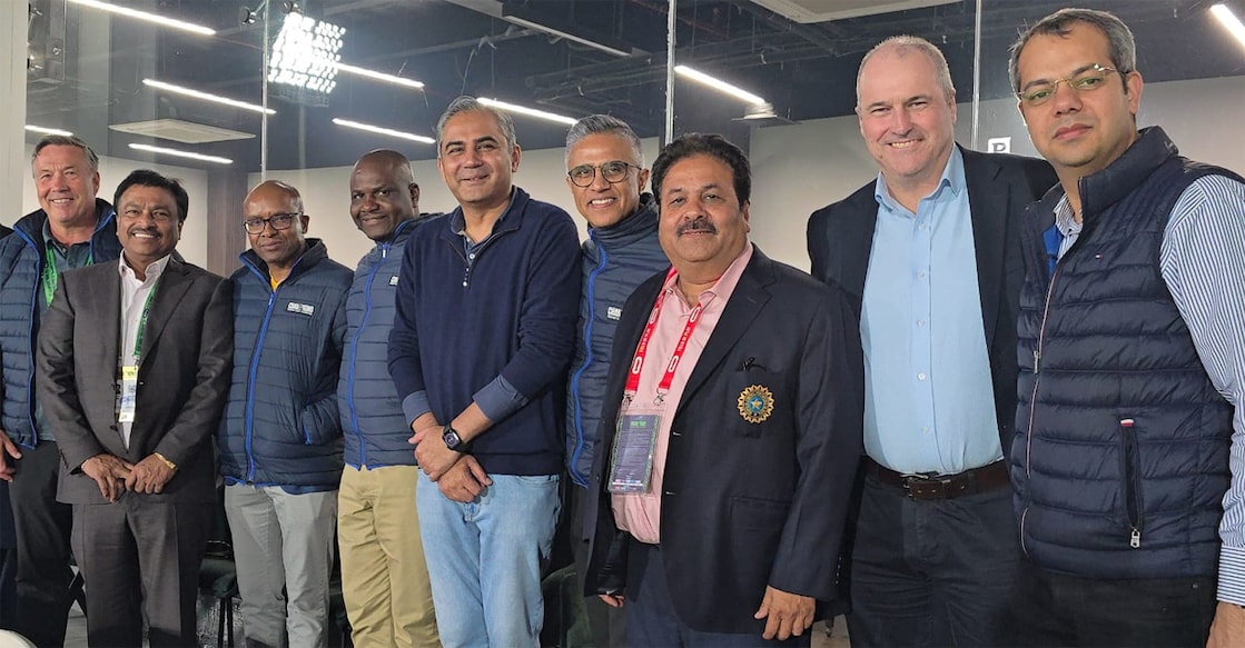rajeev-shukla-pcb BCCI Vice President Rajeev Shukla poses alongside PCB Chairman Mohsin Naqvi, ICC Chief Executive Geoff Allardice and representatives from other cricket boards during the ICC Champions Trophy second semifinal between New Zealand and South Africa at the Gaddafi Stadium, Lahore on March 5, 2025. Photo: X/@TheRealPCB