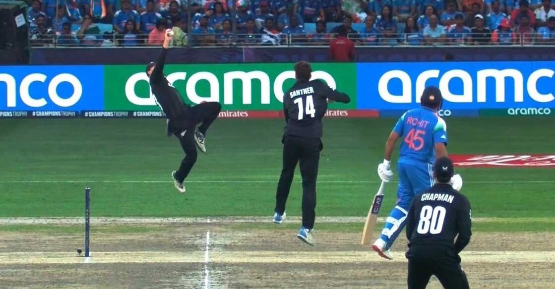 Glenn Phillips catches the ball to dismiss India's Shubman Gill in this photo taken from a video. 
