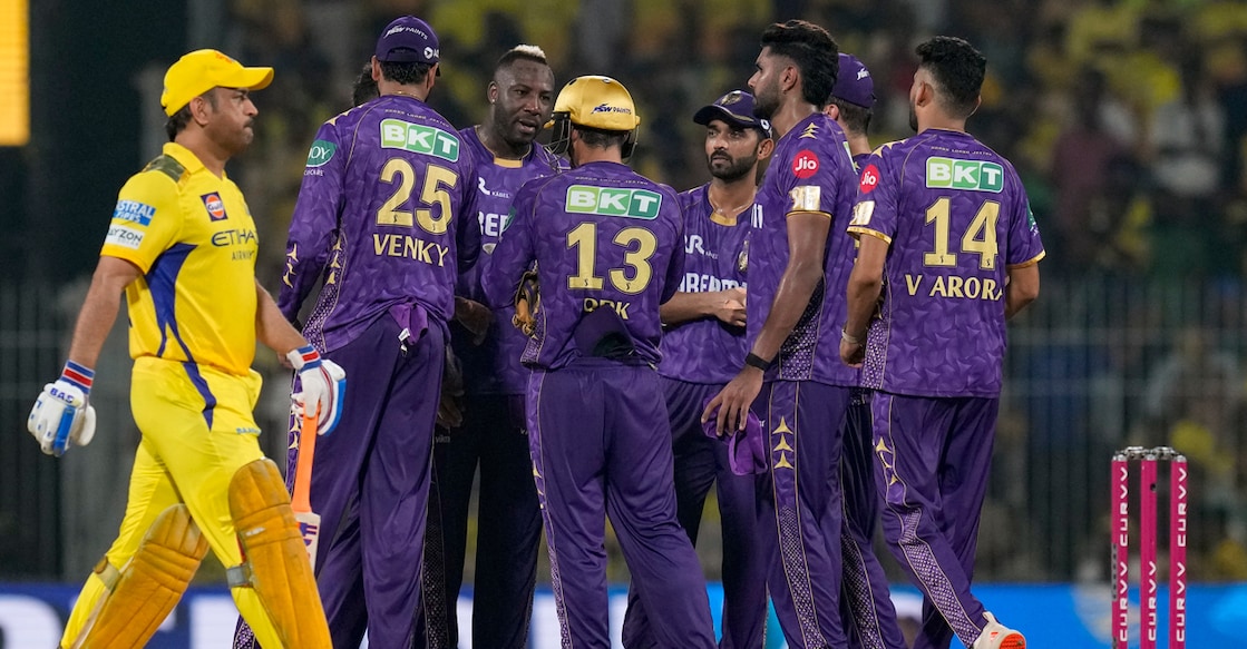 Kolkata Knight Riders players celebrate the wicket of Chennai Super Kings' captain MS Dhoni during an IPL match at Chepauk in Chennai on April 11, 2025. Photo: PTI
