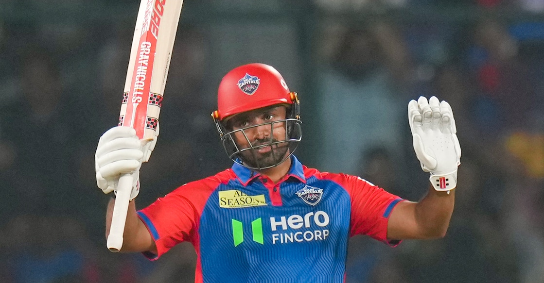 Karun  Nair celebrates his IPL half century for Delhi Capitals against Mumbai Indians in Delhi on April 13, 2025. Photo: PTI