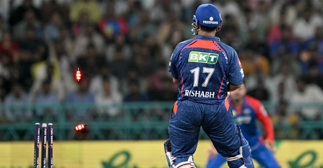 Lucknow Super Giants' captain Rishabh Pant is clean bowled during the Indian Premier League (IPL) match against Delhi Capitals at the Ekana Cricket Stadium in Lucknow on April 22, 2025. Photo: AFP/ Sajjad Hussain