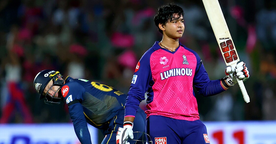 PTI04_28_2025_000531A Rajasthan Royals' Vaibhav Suryavanshi celebrates his century during the Indian Premier League (IPL) match against Gujarat Titans in Jaipur on April 28, 2025. Photo: PTI