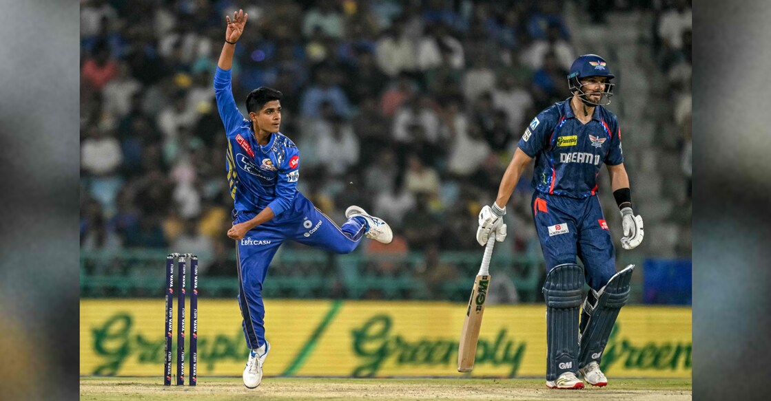 Mumbai Indians' Vignesh Puthur bowls against Lucknow Super Giants during an IPL 2025 match at the Ekana Cricket Stadium in Lucknow on April 4, 2025. Photo: AFP/ Arun Sankar