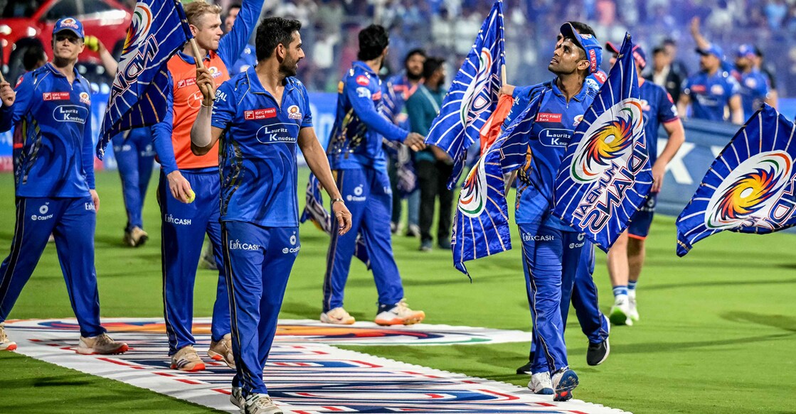 Mumbai Indians' players celebrate their team's win at the end of the Indian Premier League (IPL) match against Delhi Capitals at the Wankhede Stadium in Mumbai on May 21, 2025. Photo: AFP/ Punit Paranjpe