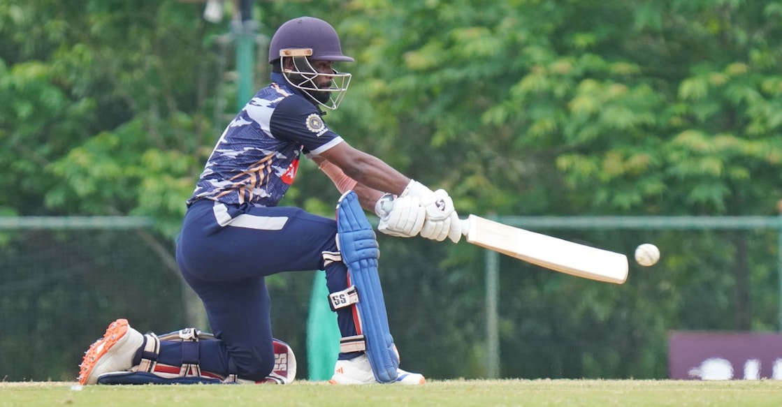 Palakkad’s Sachin Suresh in action against Pathanamthitta during a KCA Men's T20 Challenger Trophy match in Thiruvananthapuram on May 21, 2025. Photo: KCA
