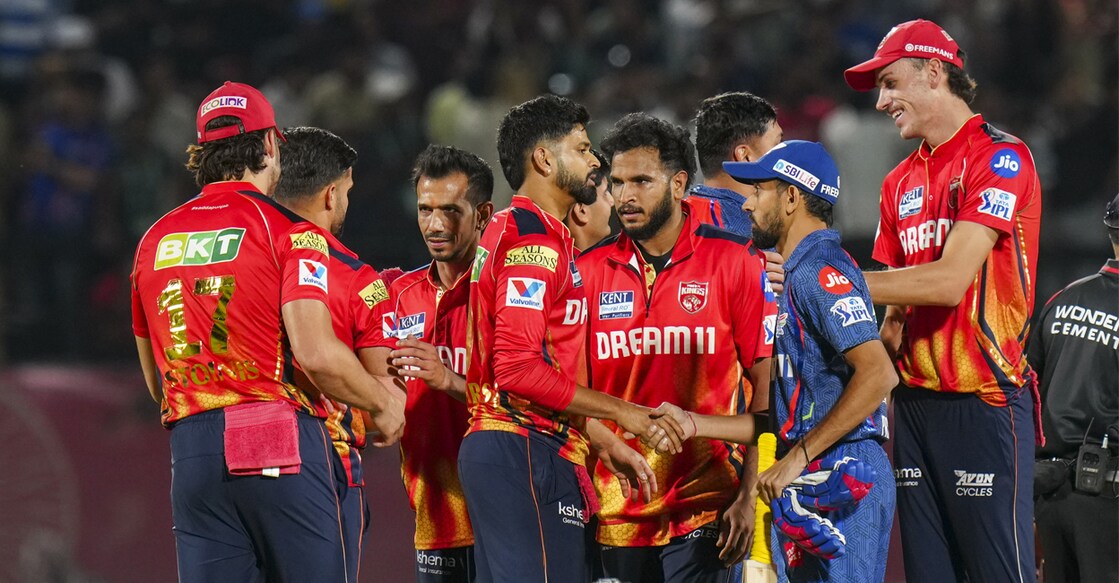 Punjab Kings' players greet Lucknow Super Giants' batters Avesh Khan and Prince Yadav at the end of IPL 2025 match between Punjab Kings and Lucknow Super Giants, at Himachal Pradesh Cricket Association Stadium, in Dharamshala, Sunday, May 4, 2025. Photo: PTI/Manvender Vashist Lav
