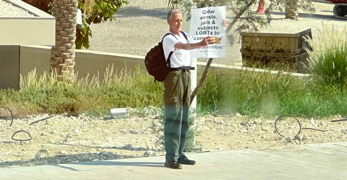 British LGBTs rights campaigner Peter Tatchell holds a sign in front of the National Museum of Qatar in Doha on Monday. File photo: Reuters