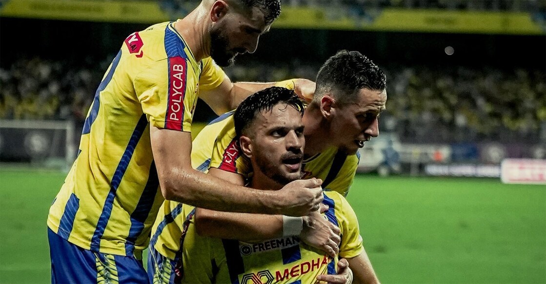 Jesus Jimenez celebrates his goal for Kerala Blasters against Bengaluru FC at the Jawaharlal Nehru Stadium in Kochi on Friday. Photo: Kerala Blasters