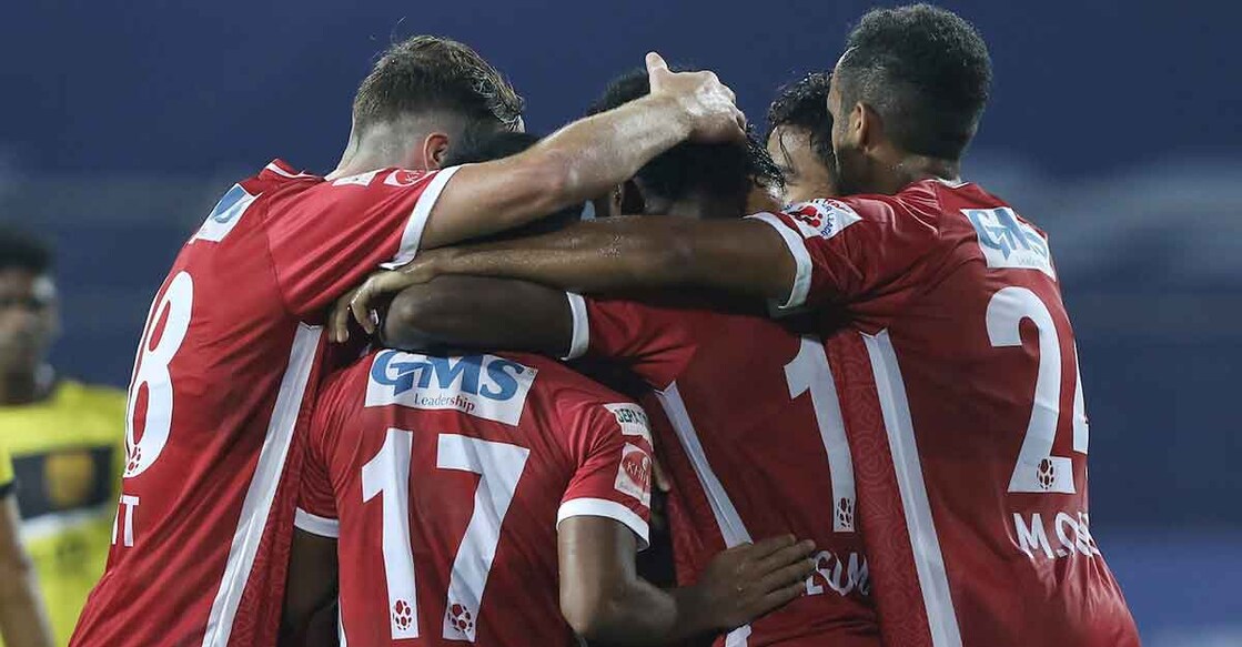 Odisha FC players celebrate the equaliser. Photo: ISL