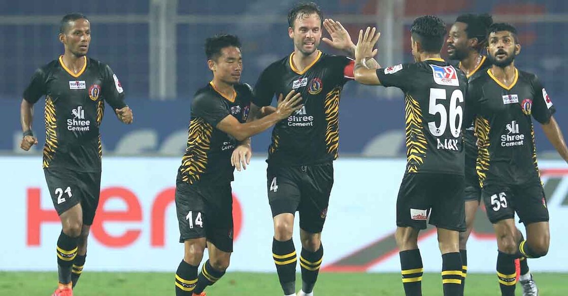 SC East Bengal players celebrate after drawing level. Photo: ISL