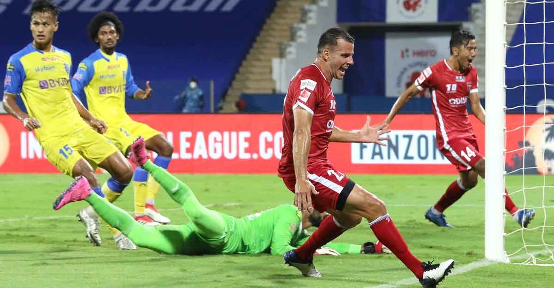 Steven Taylor exults after putting Odisha FC ahead. Photo: ISL