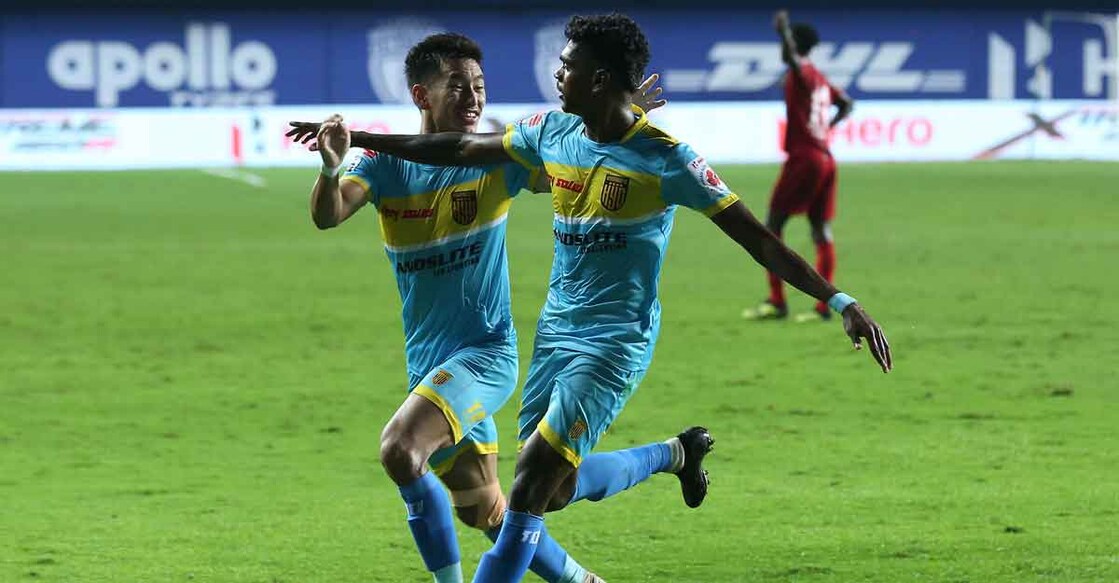 Liston Colaco, right, celebrates with teammates after scoring a goal. Photo: ISL