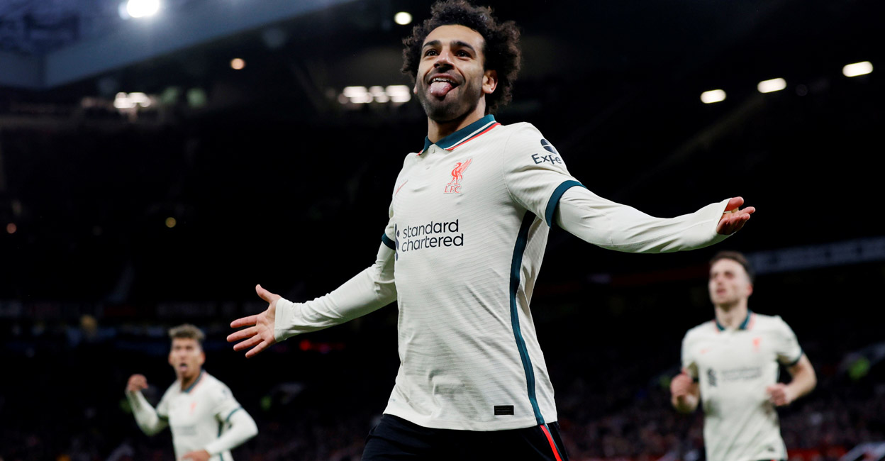 Mohamed Salah Liverpool's Mohamed Salah celebrates scoring their fifth goal and his hat-trick. Photo: Reuters