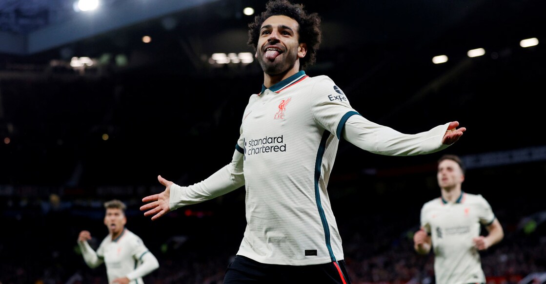Liverpool's Mohamed Salah celebrates scoring their fifth goal and his hat-trick. Photo: Reuters 