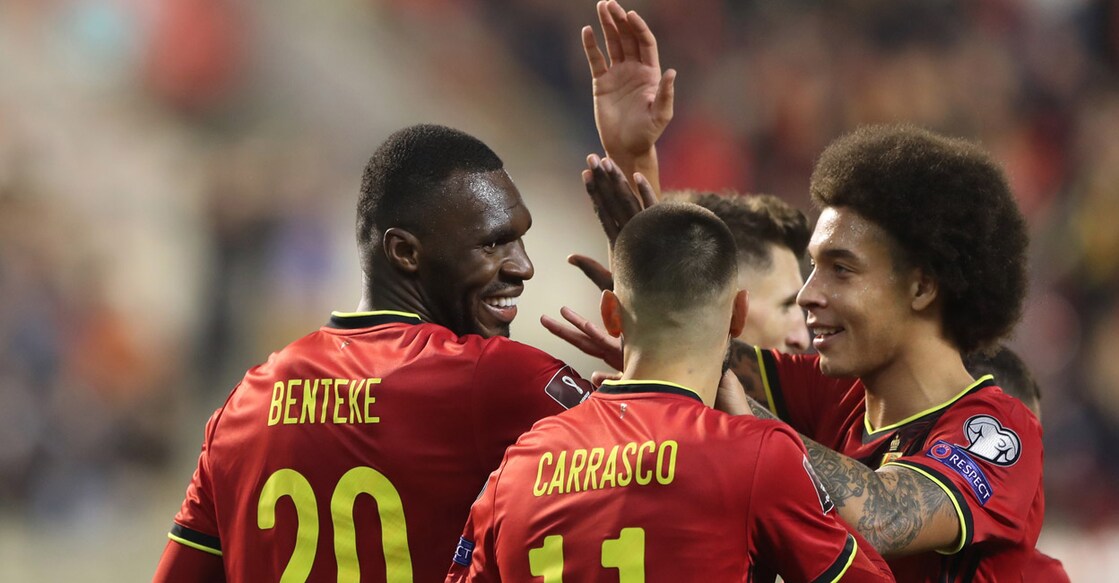 Belgium's Christian Benteke celebrates scoring their first goal with teammates. Photo: Reuters