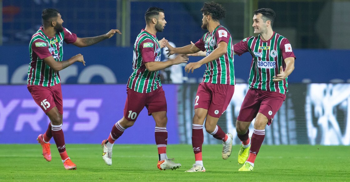 ATK Mohun Bagan players celebrate their opening goal. Photo: Twitter/ATKMB
