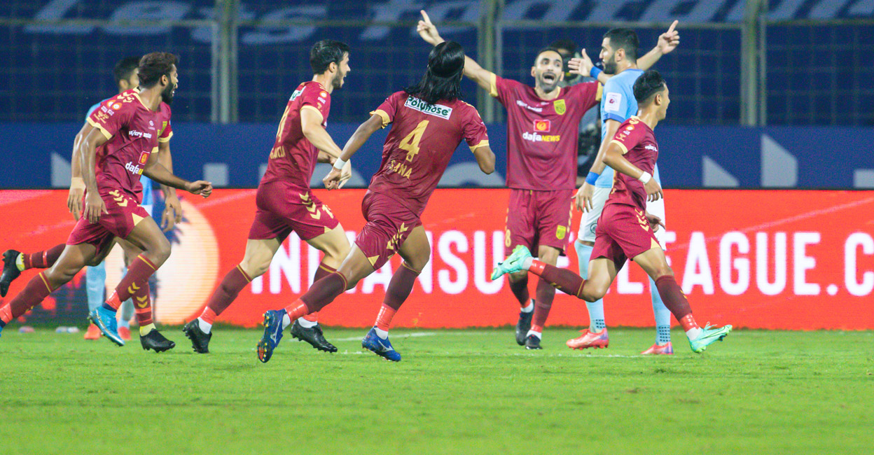 Hyderabad FC players are ecstatic after scoring a goal. Photo: ISL