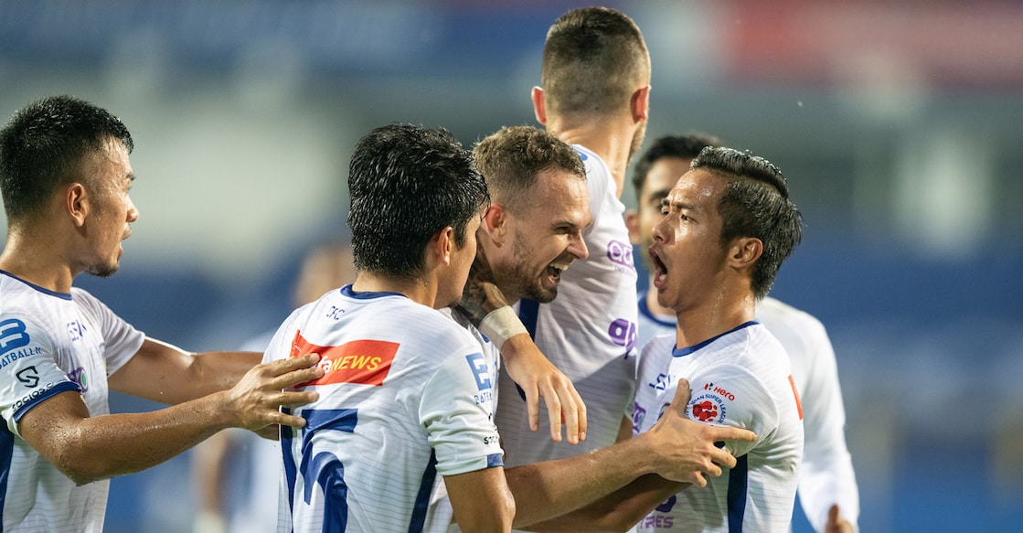 Chennaiyin FC players are ecstatic after the equaliser. Photo: ISL