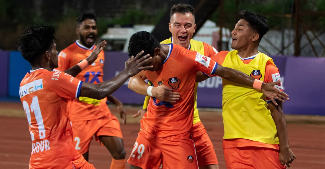 FC Goa players celebrate their second goal. Photo: ISL 