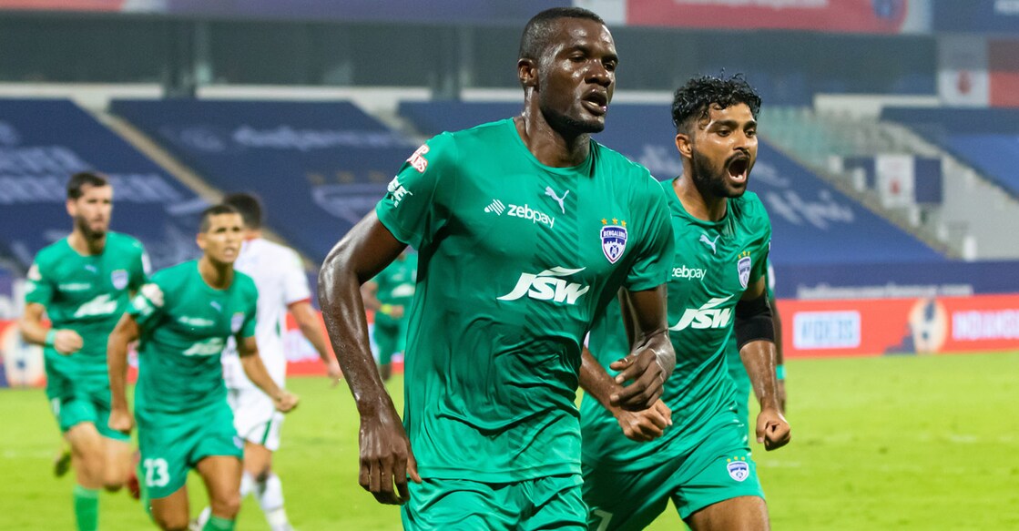 Bengaluru FC players celebrate Prince Iabra's goal. Photo: ISL